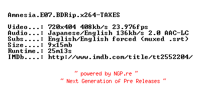 NFO for the release Amnesia.E07.BDRip.x264-TAXES by TAXES