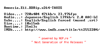 NFO for the release Amnesia.E11.BDRip.x264-TAXES by TAXES