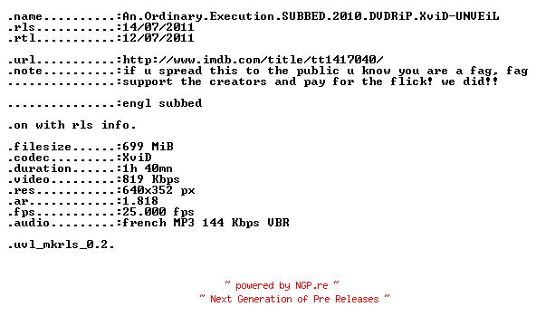 NFO for the release An.Ordinary.Execution.SUBBED.2010.DVDRiP.XviD-UNVEiL by UNVEiL
