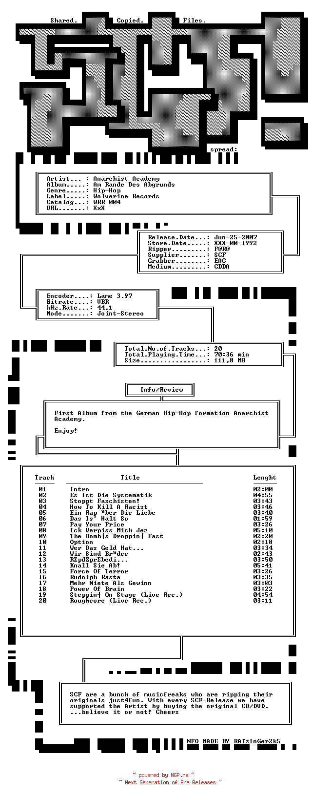 NFO for the release Anarchist_Academy_-_Am_Rande_Des_Abgrunds-(WRR_004)-DE-1992-SCF by SCF