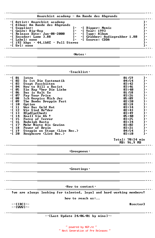 NFO for the release Anarchist_Academy_-_Am_Rande_Des_Abgrunds-1993-Sector3 by Sector3