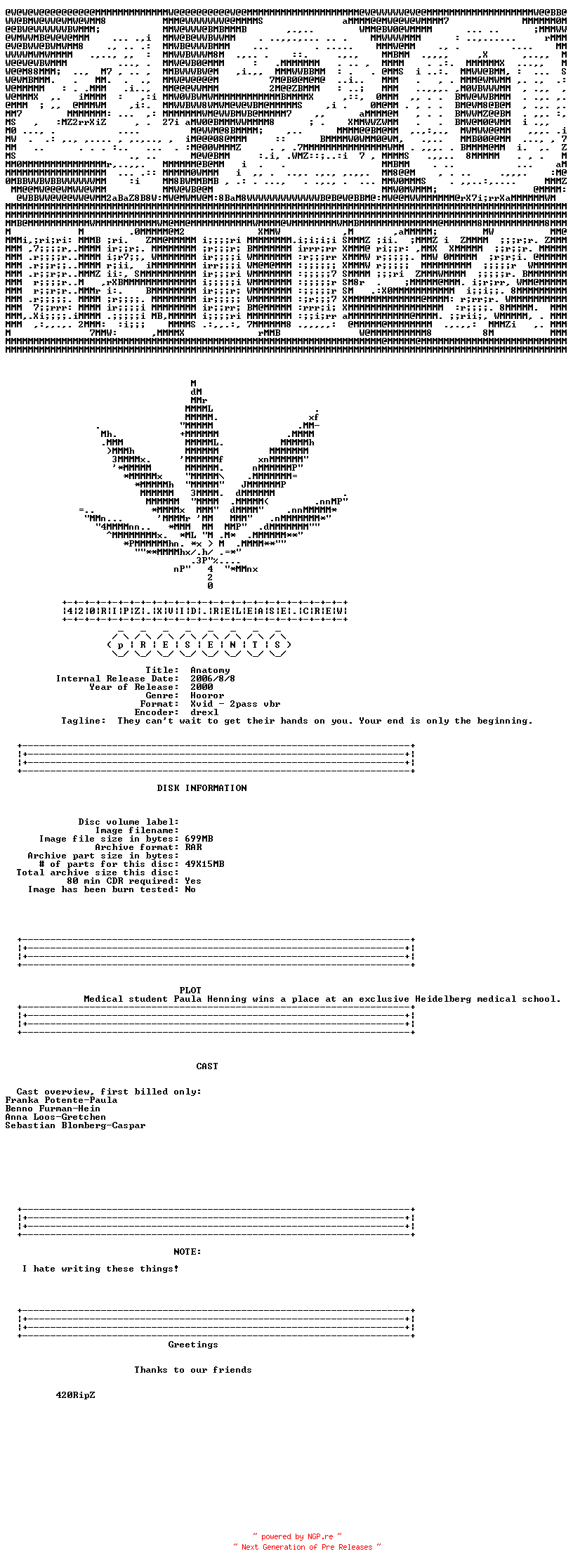 NFO for the release Anatomy.2000.DVDRip.Xvid.iNT.420Ripz by Unknown Group
