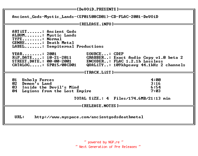 NFO for the release Ancient_Gods-Mystic_Lands-SP01508CD01-CDEP-FLAC-2001-DeVOiD by DeVOiD
