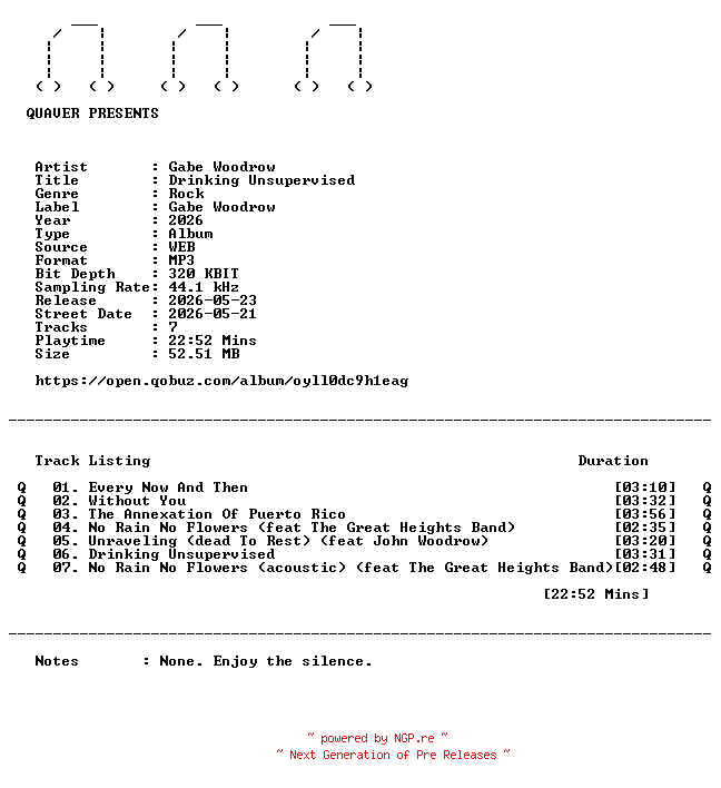 NFO for the release Gabe_Woodrow-Drinking_Unsupervised-EP-WEB-2026-QUAVER by QUAVER
