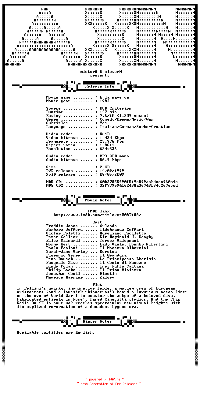 NFO for the release And.The.Ship.Sails.On.1983.Criterion.iNTERNAL.DVDRip.XviD-AXN by AXN