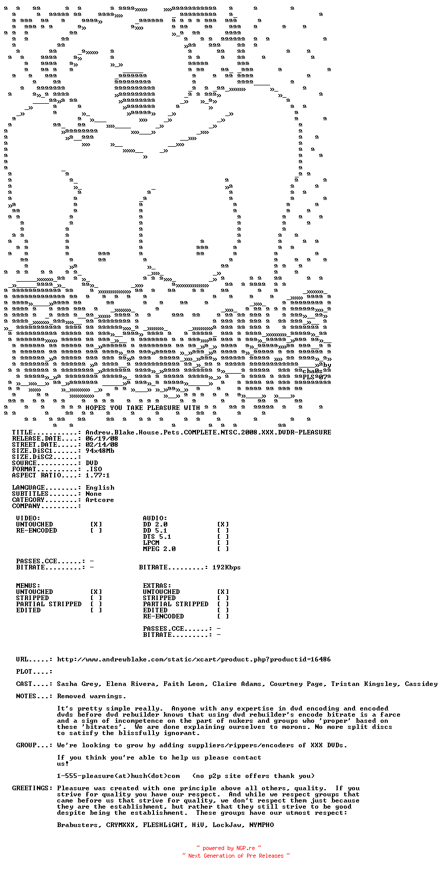 NFO for the release Andrew.Blake.House.Pets.COMPLETE.NTSC.2008.XXX.DVDR-PLEASURE by PLEASURE