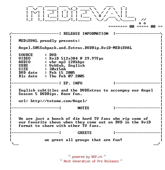 NFO for the release Angel.S05.Extras.DVDRip.XviD-MEDiEVAL by MEDiEVAL