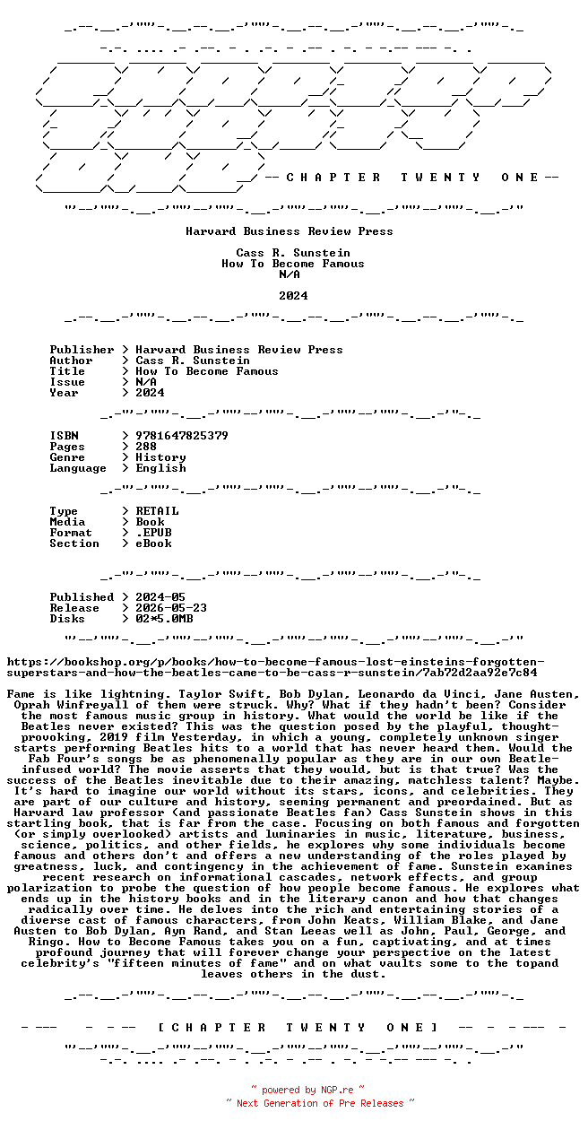 NFO for the release Cass.R.Sunstein.-.How.To.Become.Famous.2024.RETAIL.EPUB.eBook-CTO by CTO