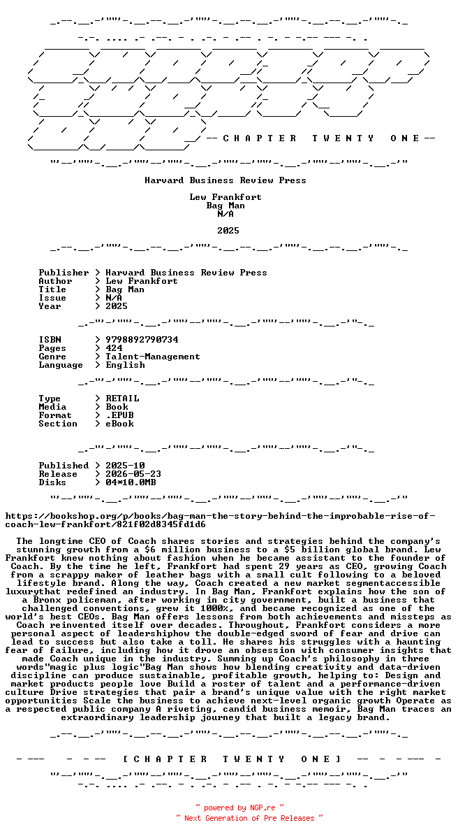 NFO for the release Lew.Frankfort.-.Bag.Man.2025.RETAIL.EPUB.eBook-CTO by CTO