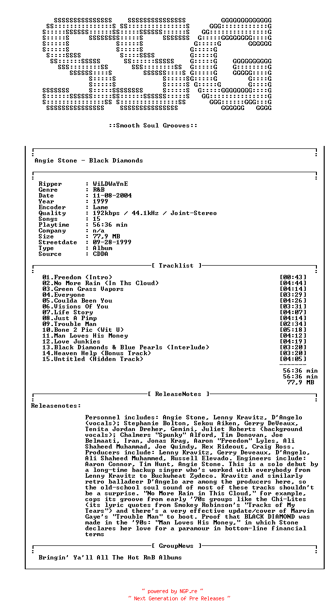 NFO for the release Angie_Stone-Black_Diamonds-1999-SSG by SSG
