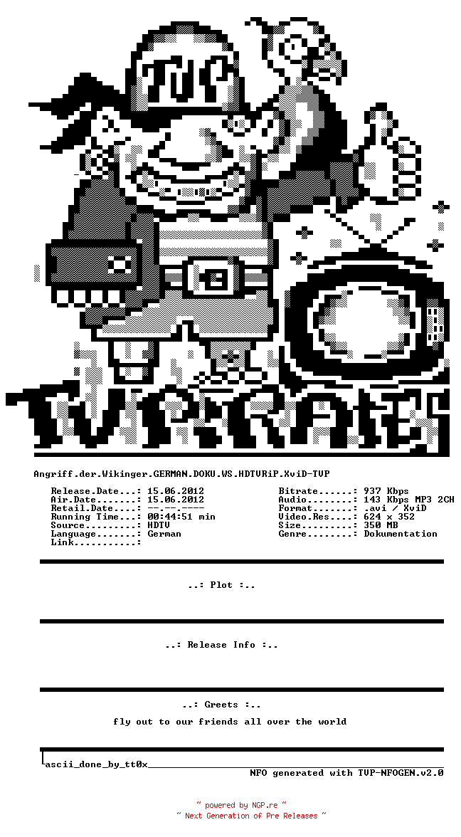 NFO for the release Angriff.der.Wikinger.GERMAN.DOKU.WS.HDTVRiP.XviD-TVP by TVP