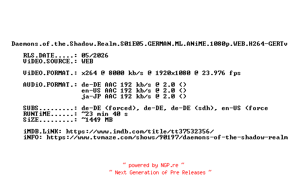 NFO for the release Daemons.of.the.Shadow.Realm.2026.S01E05.GERMAN.ML.ANiME.1080p.WEB.H264-GERTv by GERTv