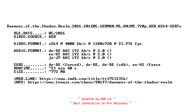 NFO for the release Daemons.of.the.Shadow.Realm.2026.S01E05.GERMAN.ML.ANiME.720p.WEB.H264-GERTv by GERTv