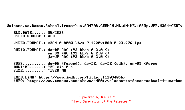 NFO for the release Welcome.to.Demon.School.Iruma-kun.S04E08.GERMAN.ML.ANiME.1080p.WEB.H264-GERTv by GERTv