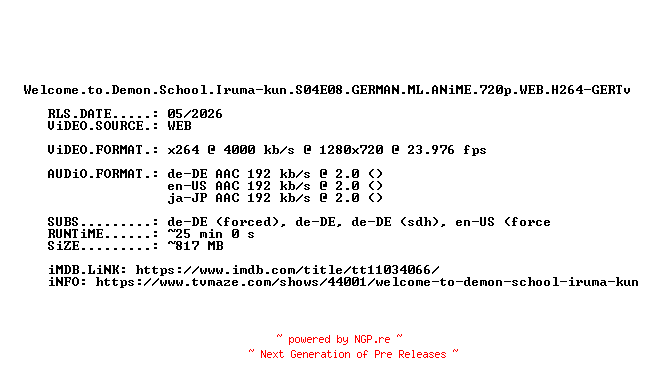 NFO for the release Welcome.to.Demon.School.Iruma-kun.S04E08.GERMAN.ML.ANiME.720p.WEB.H264-GERTv by GERTv