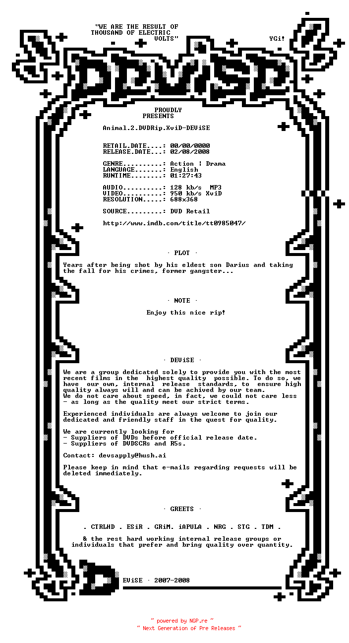 NFO for the release Animal.2.DVDRip.XviD-DEViSE by DEViSE