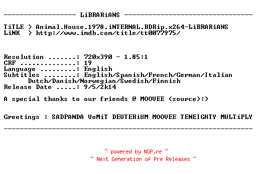 NFO for the release Animal.House.1978.iNTERNAL.BDRip.x264-LiBRARiANS by LiBRARiANS
