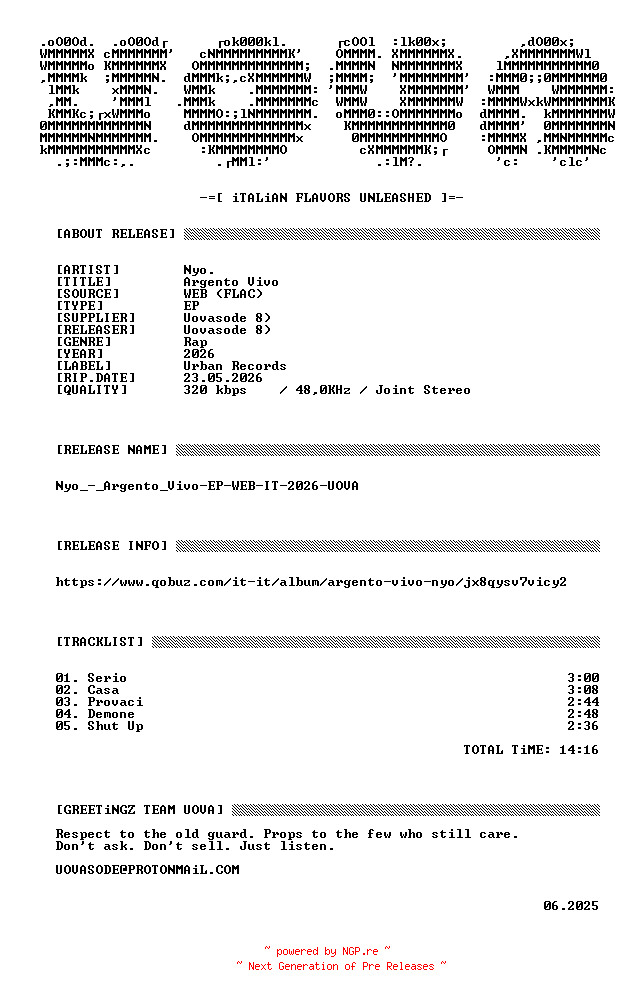 NFO for the release Nyo_-_Argento_Vivo-EP-WEB-IT-2026-UOVA by UOVA