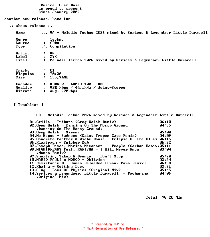 NFO for the release VA_-_Melodic_Techno_2026_Mixed_By_Serioes_And_Legendaer_Little_Duracell-2026-MOD by MOD