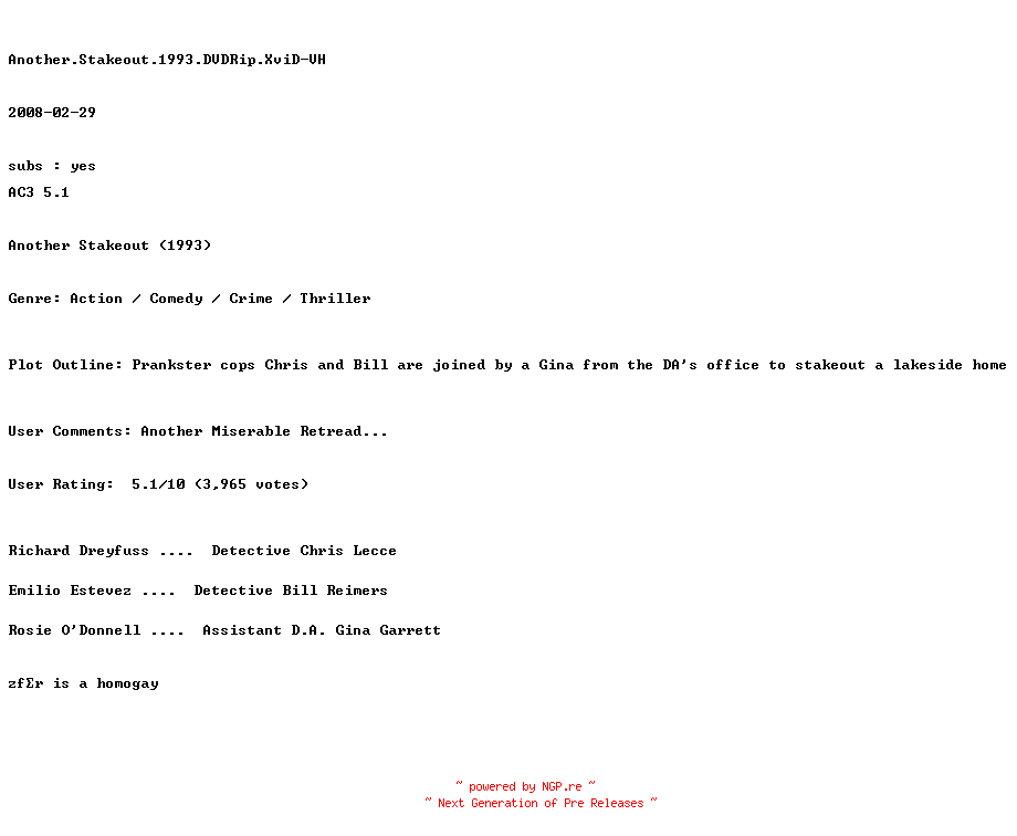 NFO for the release Another.Stakeout.1993.DVDRip.XviD-VH by VH