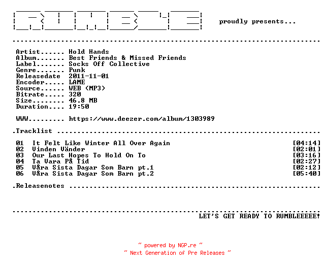 NFO for the release Hold_Hands-Best_Friends_and_Missed_Friends-EP-(WEB)-SE-2011-RUMBLE by RUMBLE