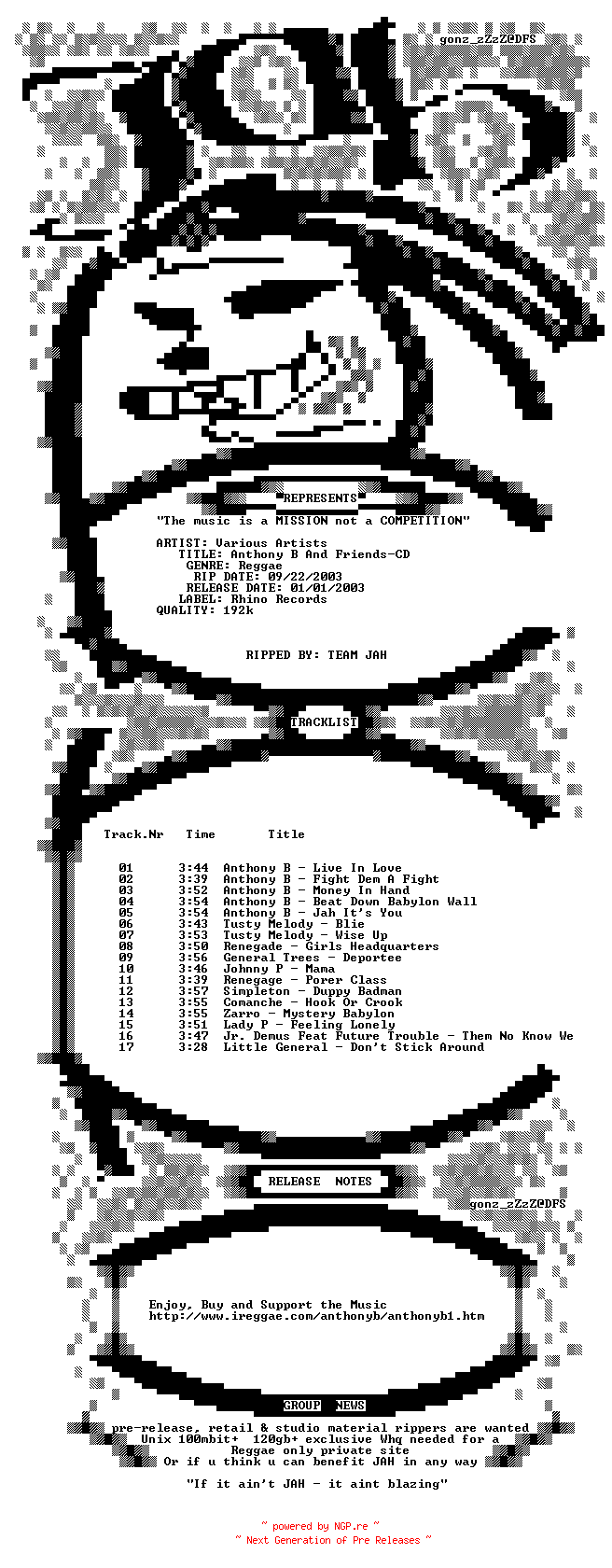NFO for the release Anthony_B_And_Friends-CD-1998-Jah by Jah
