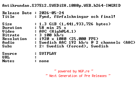 NFO for the release Antikrundan.S37E12.SWEDiSH.1080p.WEB.h264-INGRID by INGRID