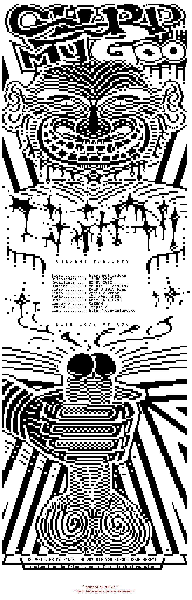 NFO for the release Apartment.Deluxe.German.XXX.DVDRip.XviD-CHiKANi by CHiKANi