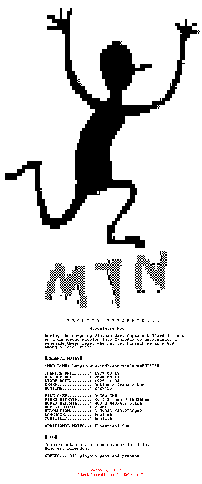 NFO for the release Apocalypse.Now.1979.iNTERNAL.DVDRip.XviD-MTN by MTN