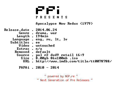 NFO for the release Apocalypse.Now.Redux.1979.BALTiC.PAL.DVD9-PPi by PPi
