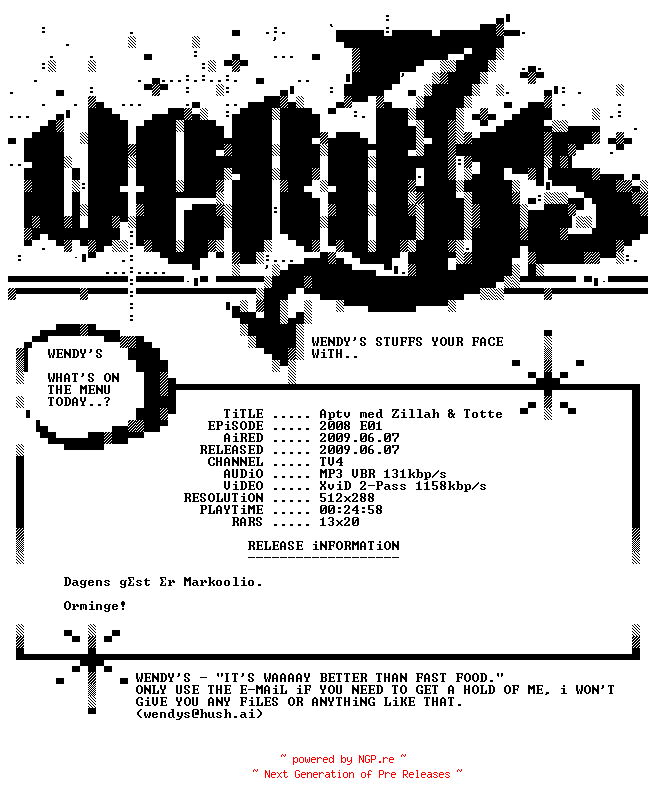 NFO for the release Aptv.med.Zillah.och.Totte.2008.E01.Markoolio.SWEDISH.PDTV.XVID-WENDYS by WENDYS