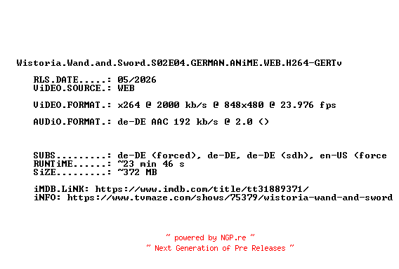 NFO for the release Wistoria.Wand.and.Sword.S02E04.GERMAN.ANiME.WEB.H264-GERTv by GERTv