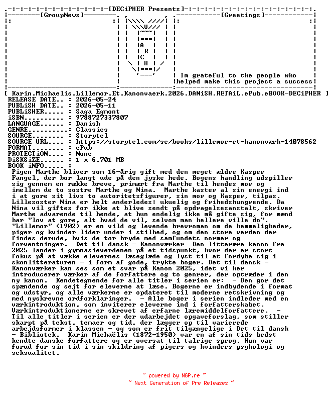 NFO for the release Karin.Michaelis.Lillemor.Et.Kanonvaerk.2026.DANiSH.RETAiL.ePub.eBOOK-DECiPHER by DECiPHER