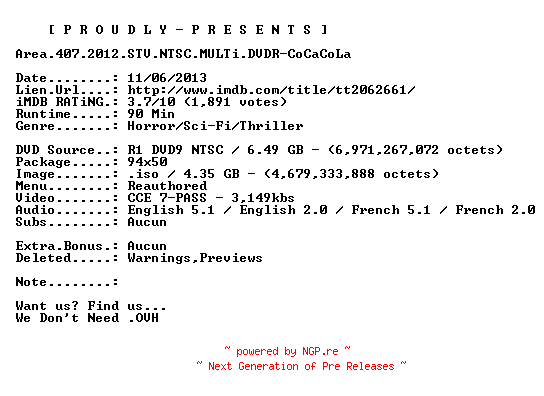 NFO for the release Area.407.2012.STV.NTSC.MULTi.DVDR-CoCaCoLa by CoCaCoLa
