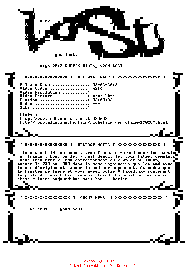 NFO for the release Argo.2012.SUBFIX.BluRay.x264-LOST by LOST