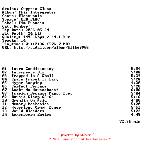 NFO for the release Cryptic_Clues-This_Intergrates-24BIT-WEB-FLAC-2026-HFC by HFC