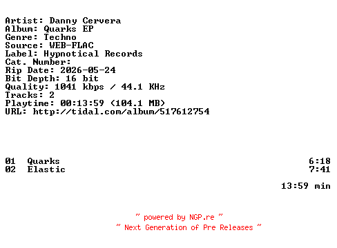 NFO for the release Danny_Cervera-Quarks_EP-EP-16BIT-WEB-FLAC-2026-HFC by HFC