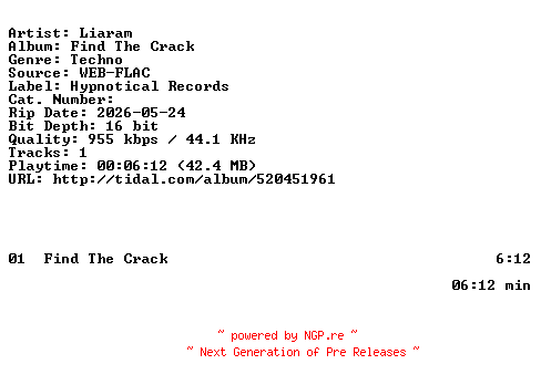NFO for the release Liaram-Find_The_Crack-SINGLE-16BIT-WEB-FLAC-2026-HFC by HFC