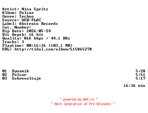 NFO for the release Nina_Spritz-Pulsar-EP-16BIT-WEB-FLAC-2026-HFC by HFC