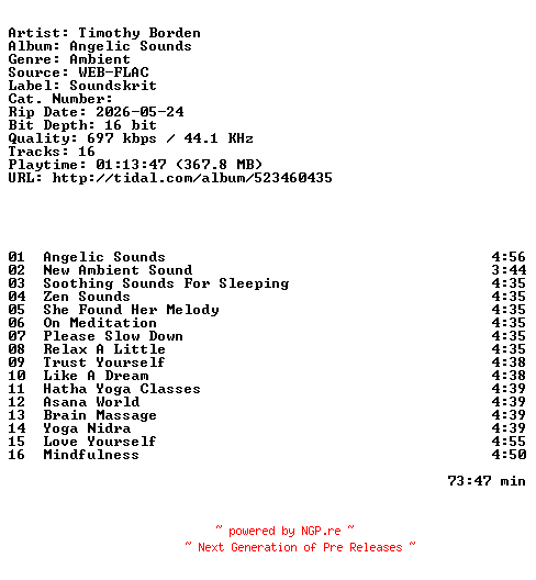 NFO for the release Timothy_Borden-Angelic_Sounds-16BIT-WEB-FLAC-2026-HFC by HFC