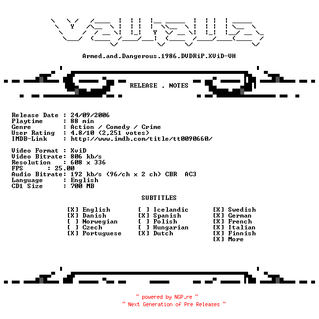 NFO for the release Armed.and.Dangerous.1986.DVDRiP.XViD-VH by VH