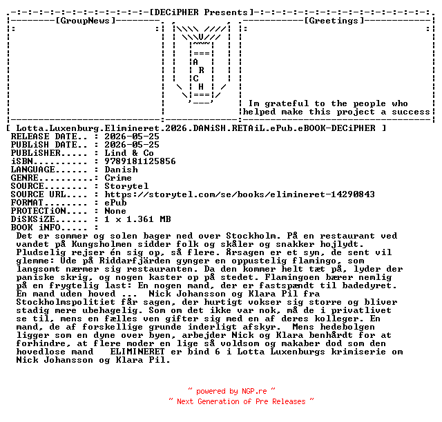NFO for the release Lotta.Luxenburg.Elimineret.2026.DANiSH.RETAiL.ePub.eBOOK-DECiPHER by DECiPHER