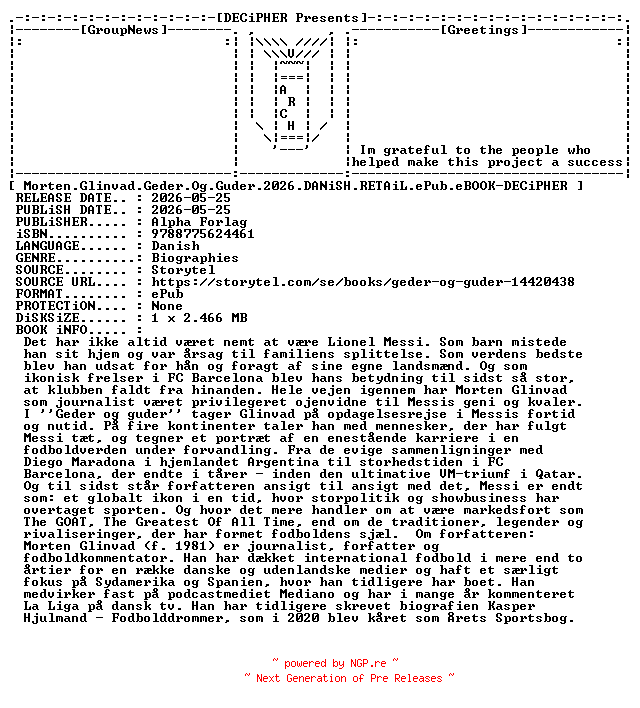NFO for the release Morten.Glinvad.Geder.Og.Guder.2026.DANiSH.RETAiL.ePub.eBOOK-DECiPHER by DECiPHER