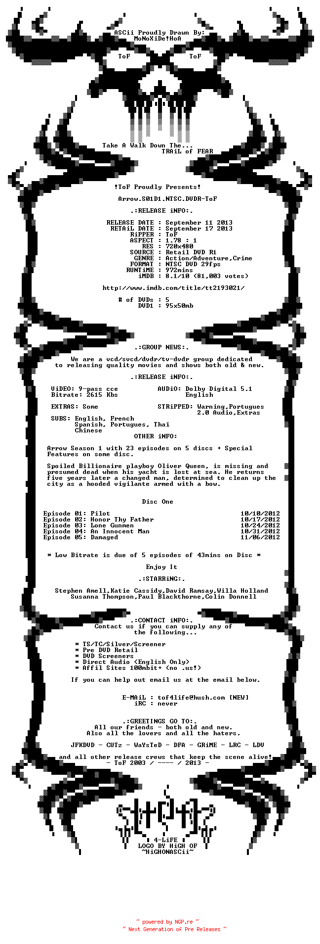 NFO for the release Arrow.S01D1.NTSC.DVDR-ToF by ToF