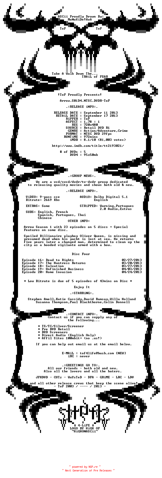 NFO for the release Arrow.S01D4.NTSC.DVDR-ToF by ToF