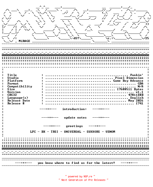 NFO for the release Funkin_v1.1_GBA-MiRAGE by MiRAGE