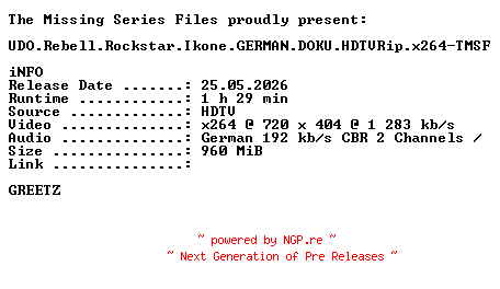 NFO for the release UDO.Rebell.Rockstar.Ikone.GERMAN.DOKU.HDTVRip.x264-TMSF by TMSF