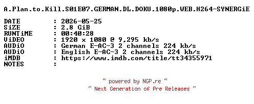 NFO for the release A.Plan.to.Kill.S01E07.GERMAN.DL.DOKU.1080p.WEB.H264-SYNERGiE by SYNERGiE