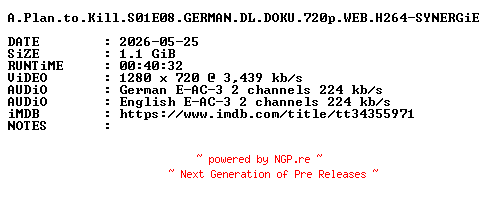 NFO for the release A.Plan.to.Kill.S01E08.GERMAN.DL.DOKU.720p.WEB.H264-SYNERGiE by SYNERGiE