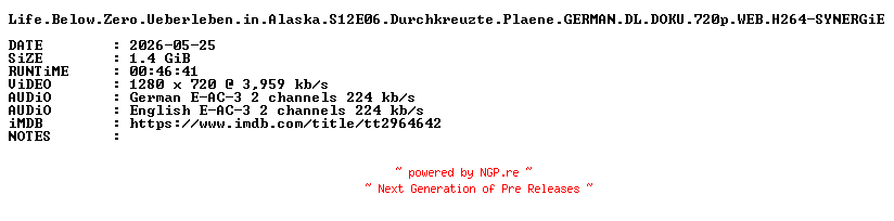 NFO for the release Life.Below.Zero.Ueberleben.in.Alaska.S12E06.Durchkreuzte.Plaene.GERMAN.DL.DOKU.720p.WEB.H264-SYNERGiE by SYNERGiE